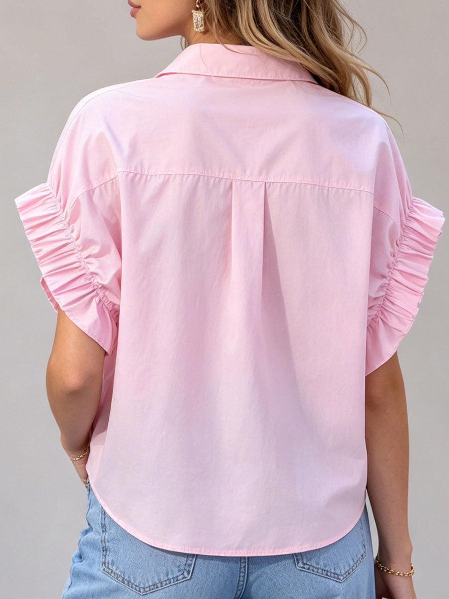 Women's Gathered Flutter-sleeve Loose-fit Collared Shirt