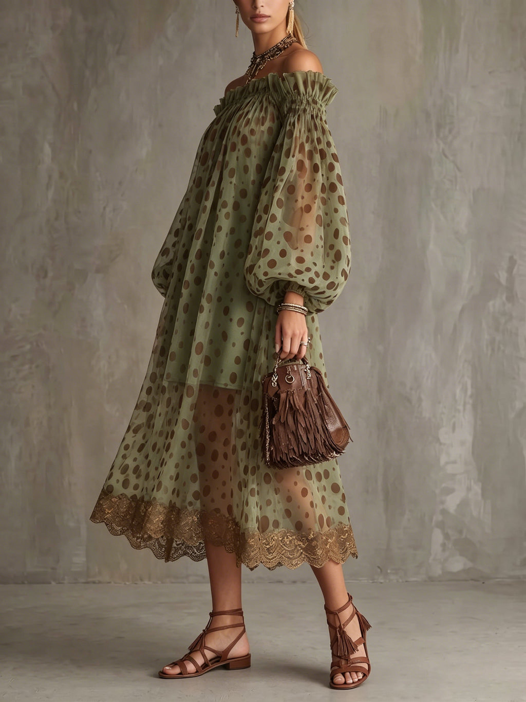 Retro Boho Off-shoulder Polka Dot Print Dress