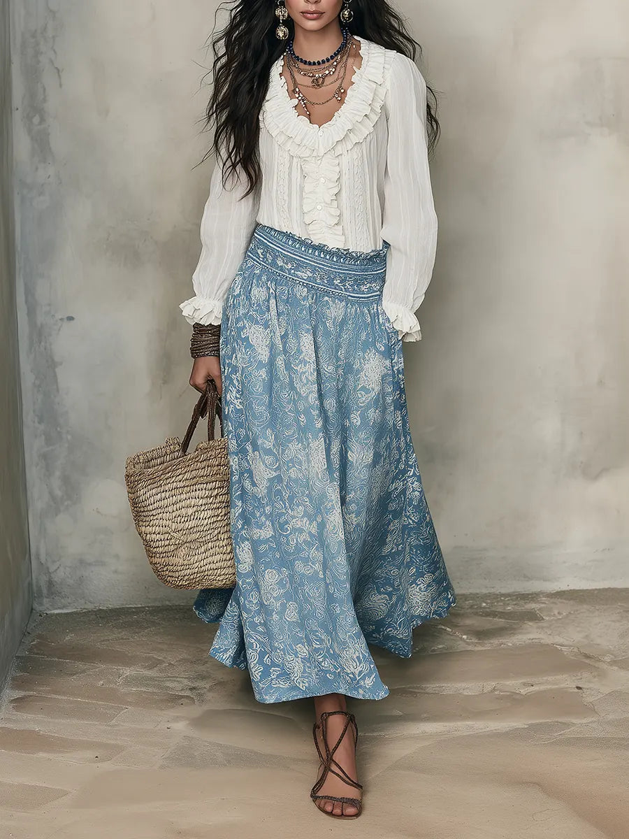 Bohemian-Style White Ruffled Shirt And Blue Jacquard Midi Skirt
