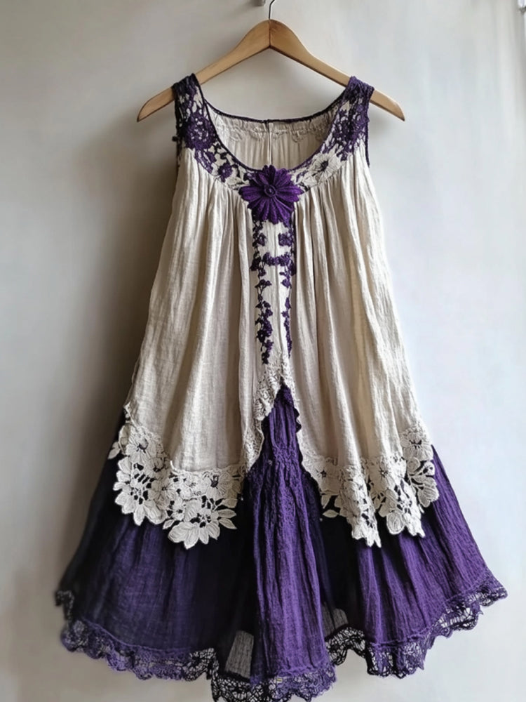 Vintage Violet Lace Floral Embroidery Art Tank Midi Dress