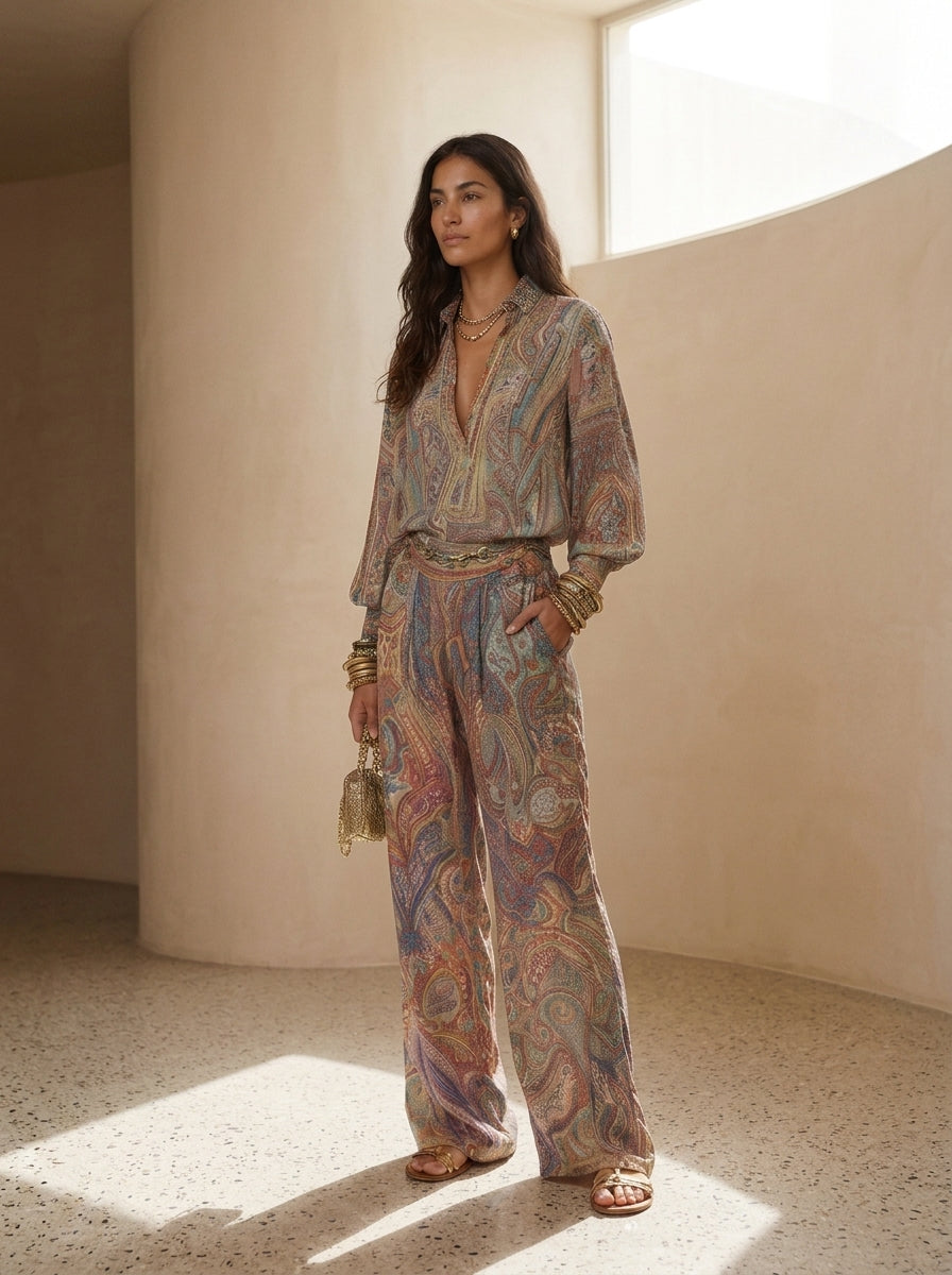 Exquisite paisley print wide leg pantsuit
