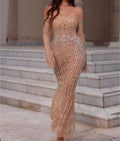Off Shoulder Long Sleeve Chevron Rhinestone Sheer Mermaid Evening Gown, Nude Champagne Bodycon Formal Maxi Dress