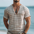 Men's Casual Fashion Plaid Cotton And Linen V-neck T-shirt