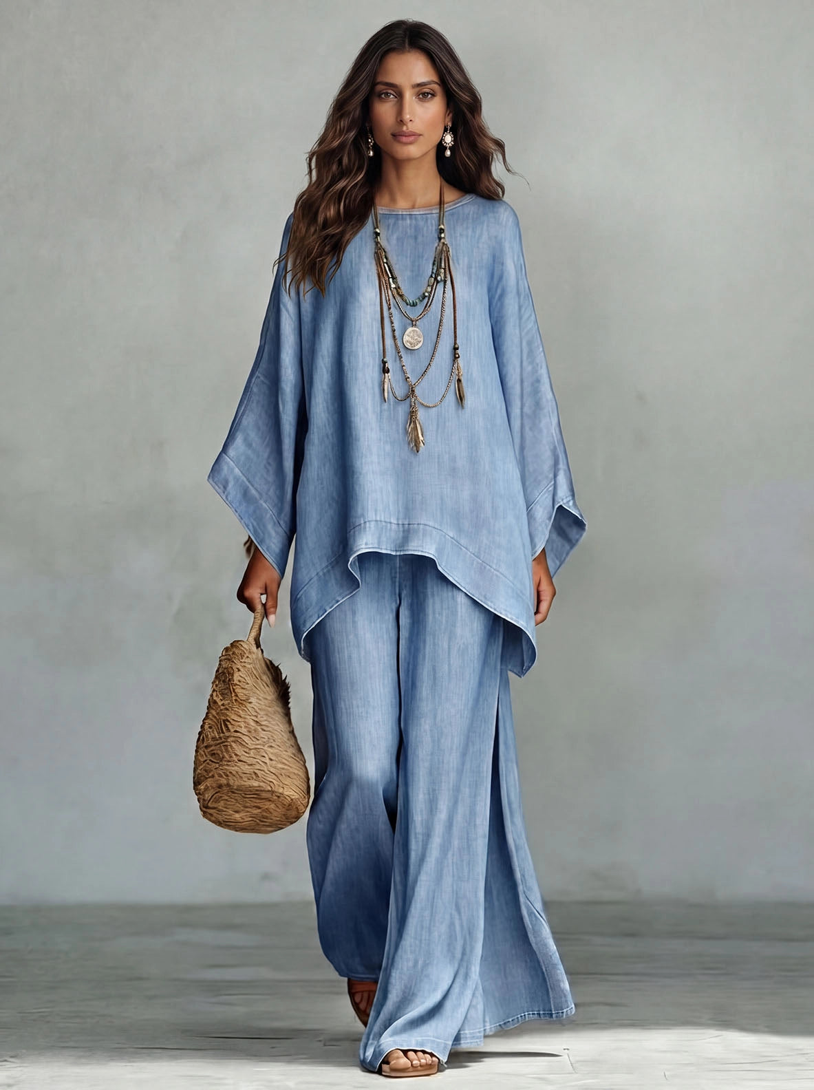 Denim Oversized Top & High‐Slit Wide Leg Pants Co‐Ord Setrd Set