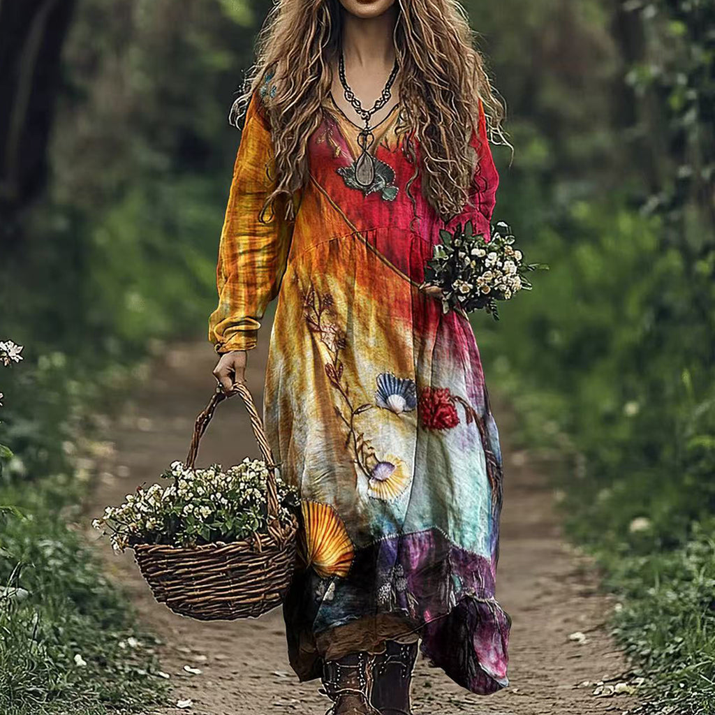 Women's Vintage Gradient Floral Patchwork V Neck Midi Dress