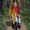 Women's Vintage Gradient Floral Patchwork V Neck Midi Dress