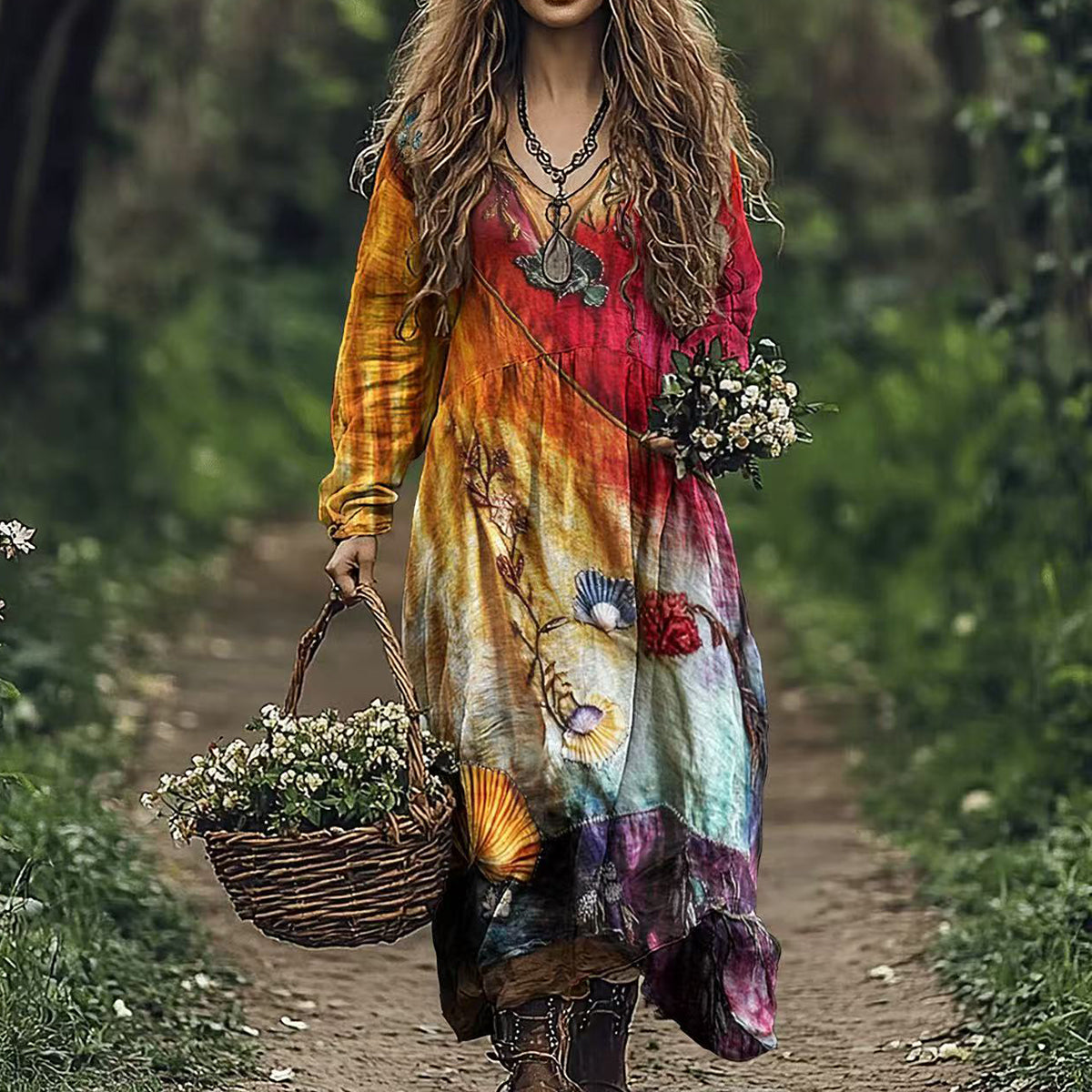 Women's Vintage Gradient Floral Patchwork V Neck Midi Dress
