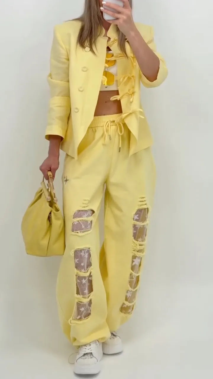 Frog‑Button Blazer & Distressed Wide Leg Pants Co‑Ord Set