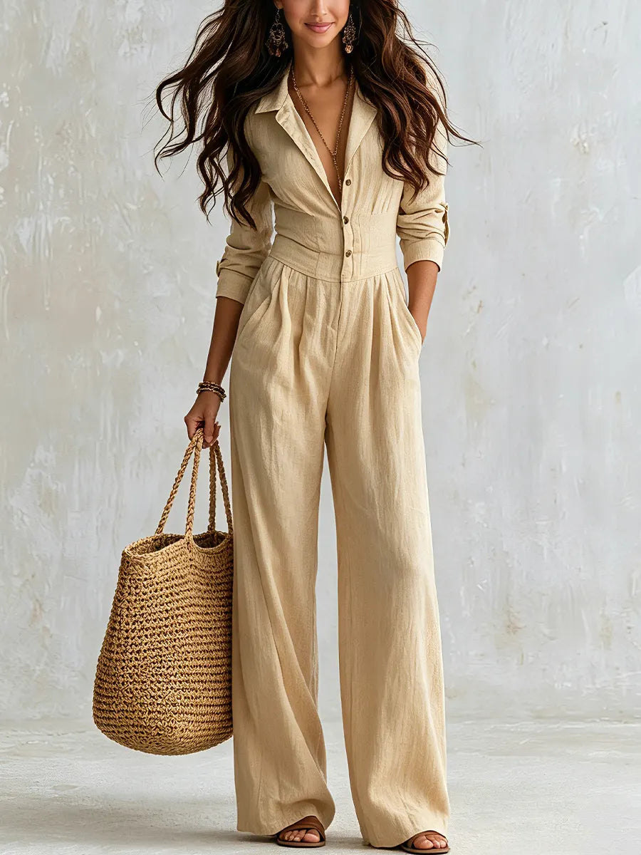 Relaxed Beige Shirt Collar Button Wide Leg Pants Jumpsuit