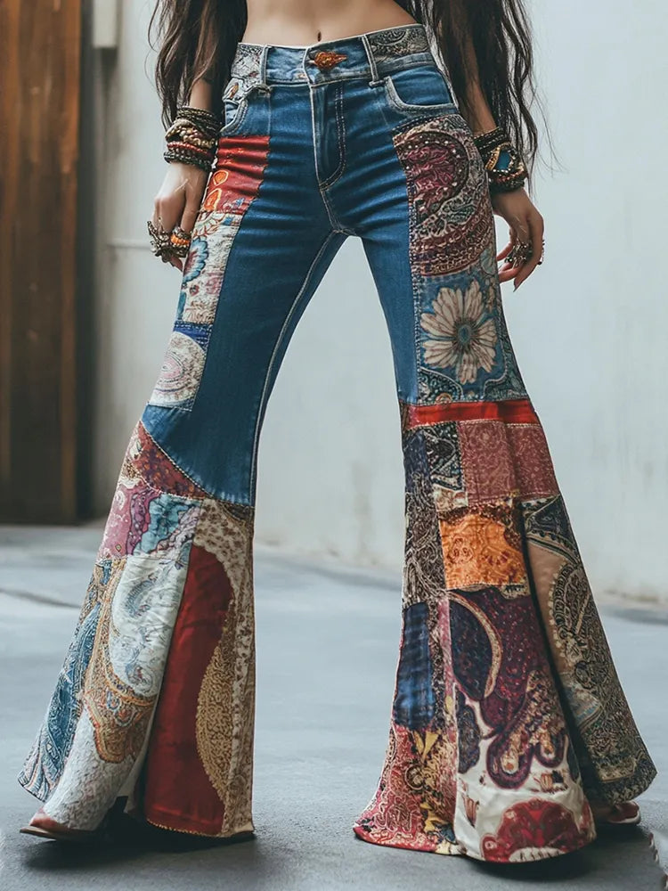 Retro Bohemian Pattern And Paisley Pattern Patchwork Flared Jeans