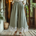 Retro Boho Floral Lace Embroidery Art Cotton Linen Wide Leg Pants