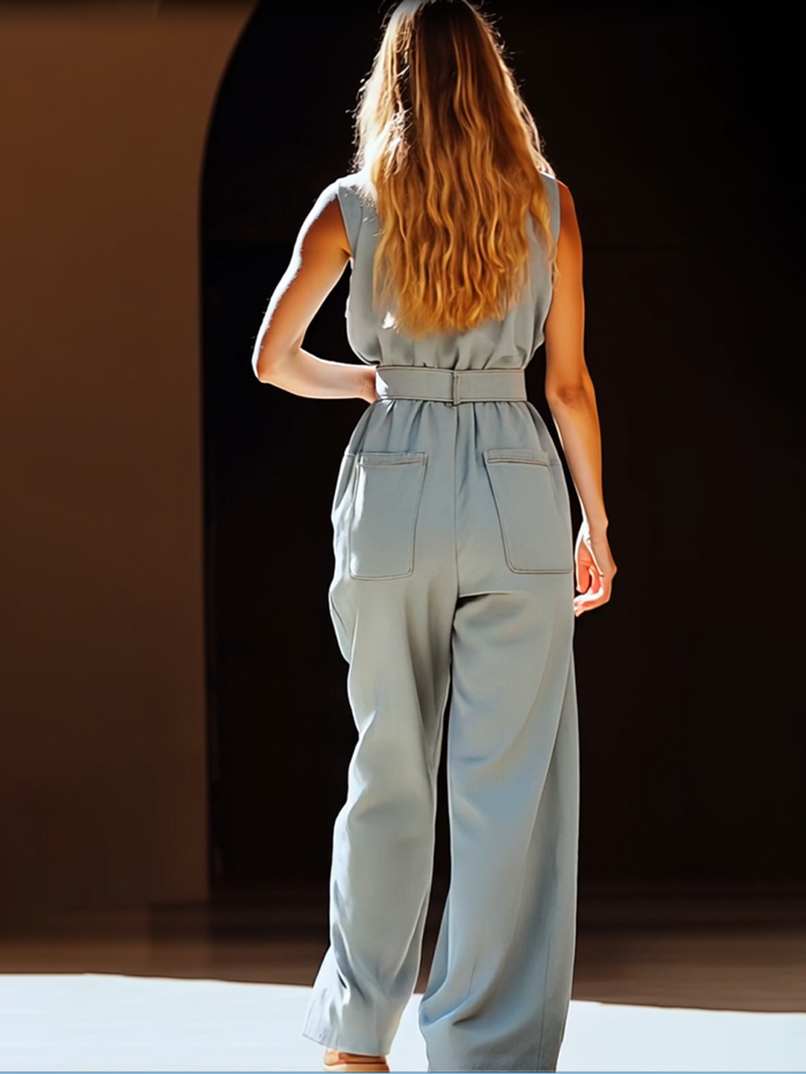 [24-hour shipping out]Casual Retro Gray-blue Tencel Denim Pocket Overalls