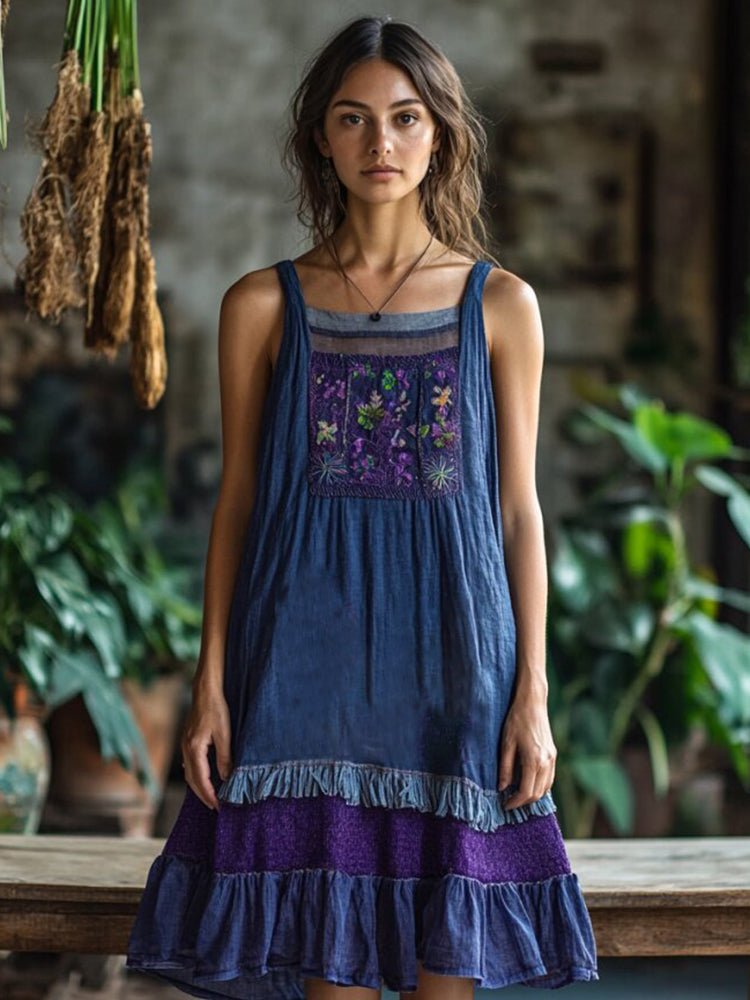 Vintage Bohemian Floral Embroidery Linen Mini Dress