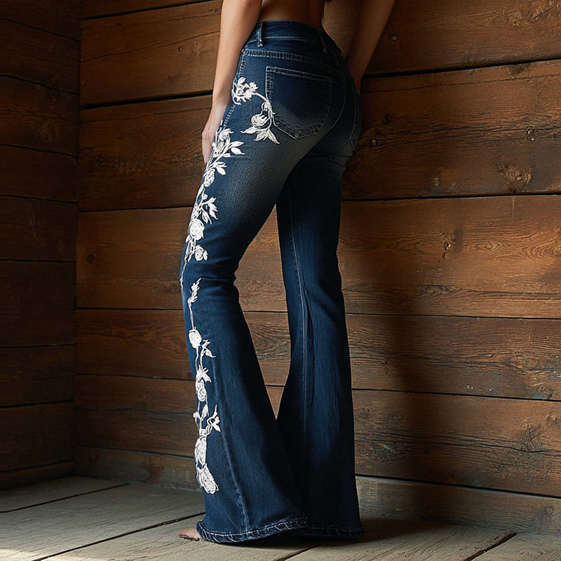 Vintage Bohemian Rose Embroidered Washed Flared Jeans