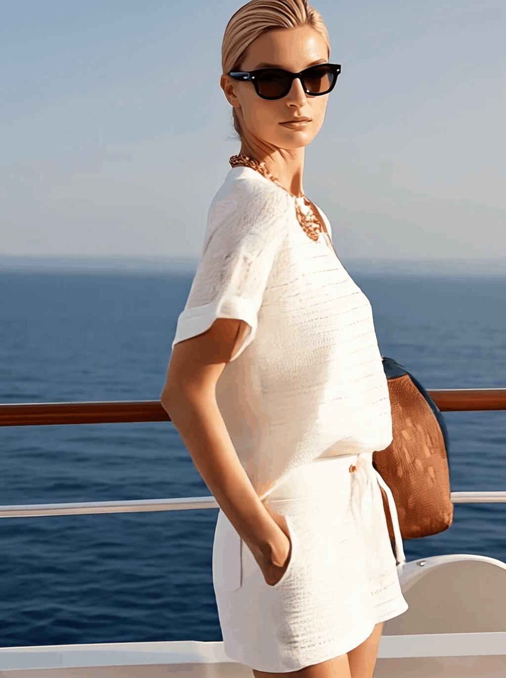 [24-hour shipping out]Casual Fashionable Holiday Style Hollow Knitted White Short-Sleeved Shorts Suit