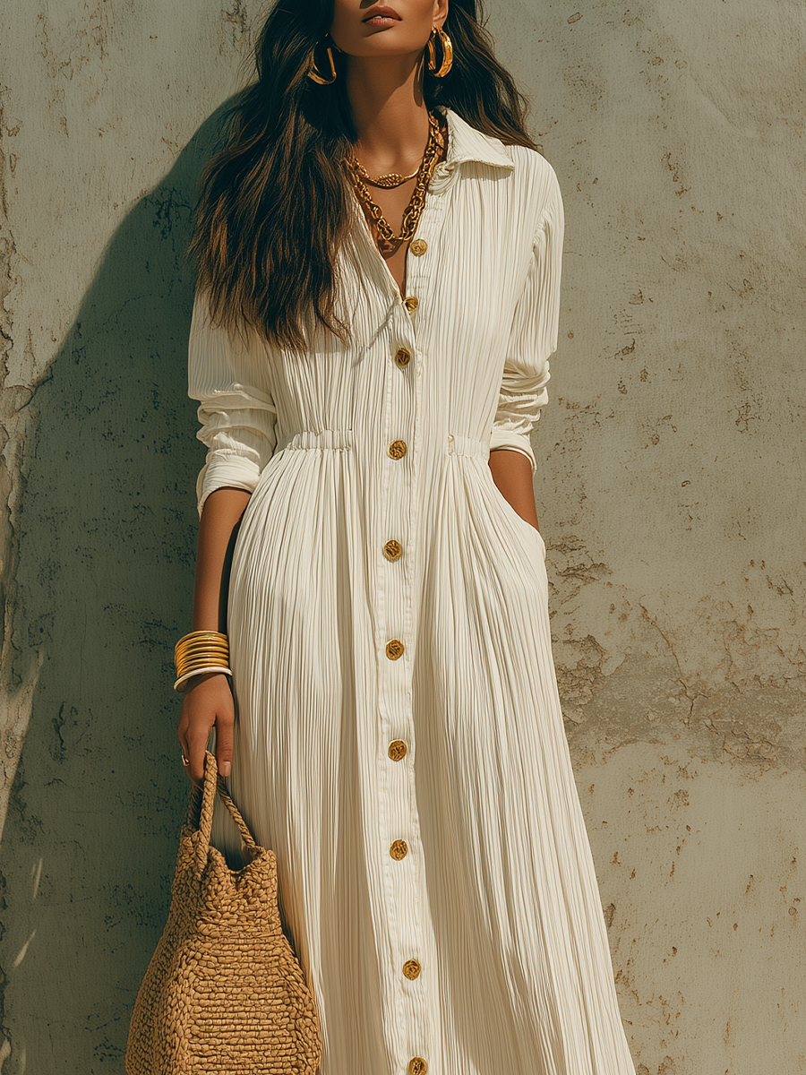 Minimalist Ivory Textured Long Sleeve Belted Midi Shirt Dress