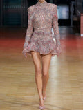 Party Long Sleeves Floral Printed Ruffled Shiny Round-Neck Mini Dresses