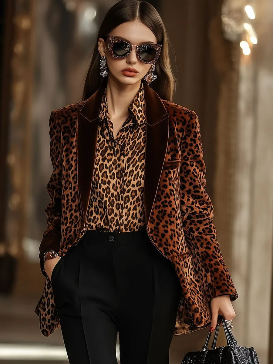 [24-hour shipping out]Casual Loose Retro Velvet Leopard Print Lapel Blazer