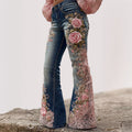 Pink Roses Embroidered Lace Patchwork Washed Bell Bottom Jeans