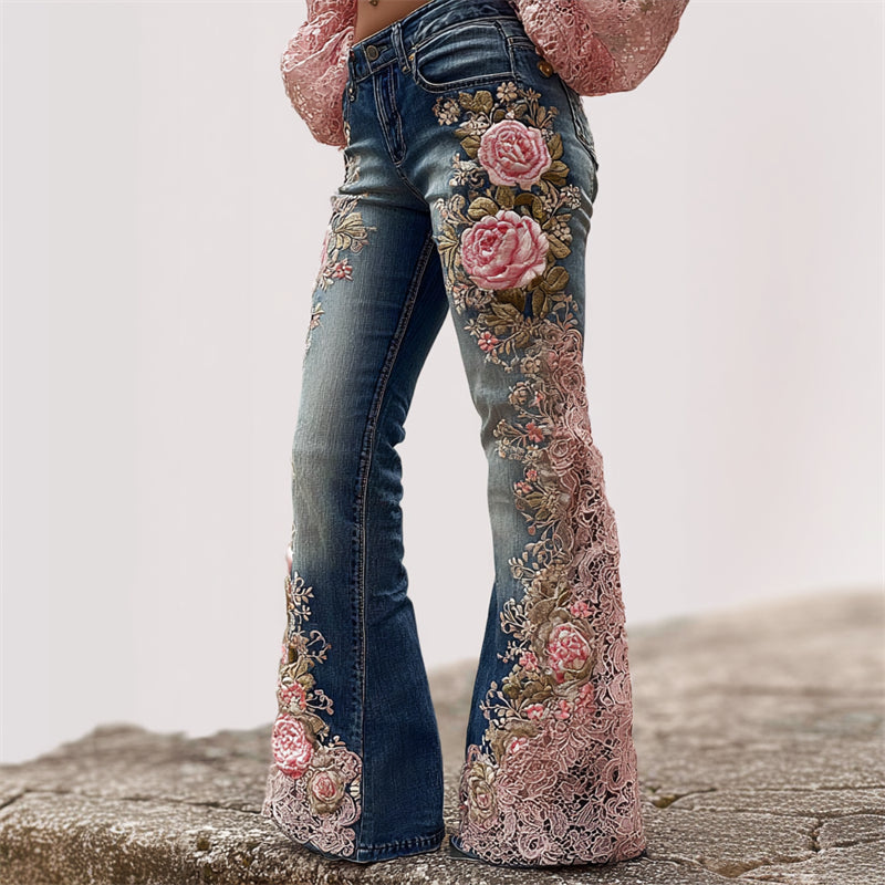 Pink Roses Embroidered Lace Patchwork Washed Bell Bottom Jeans