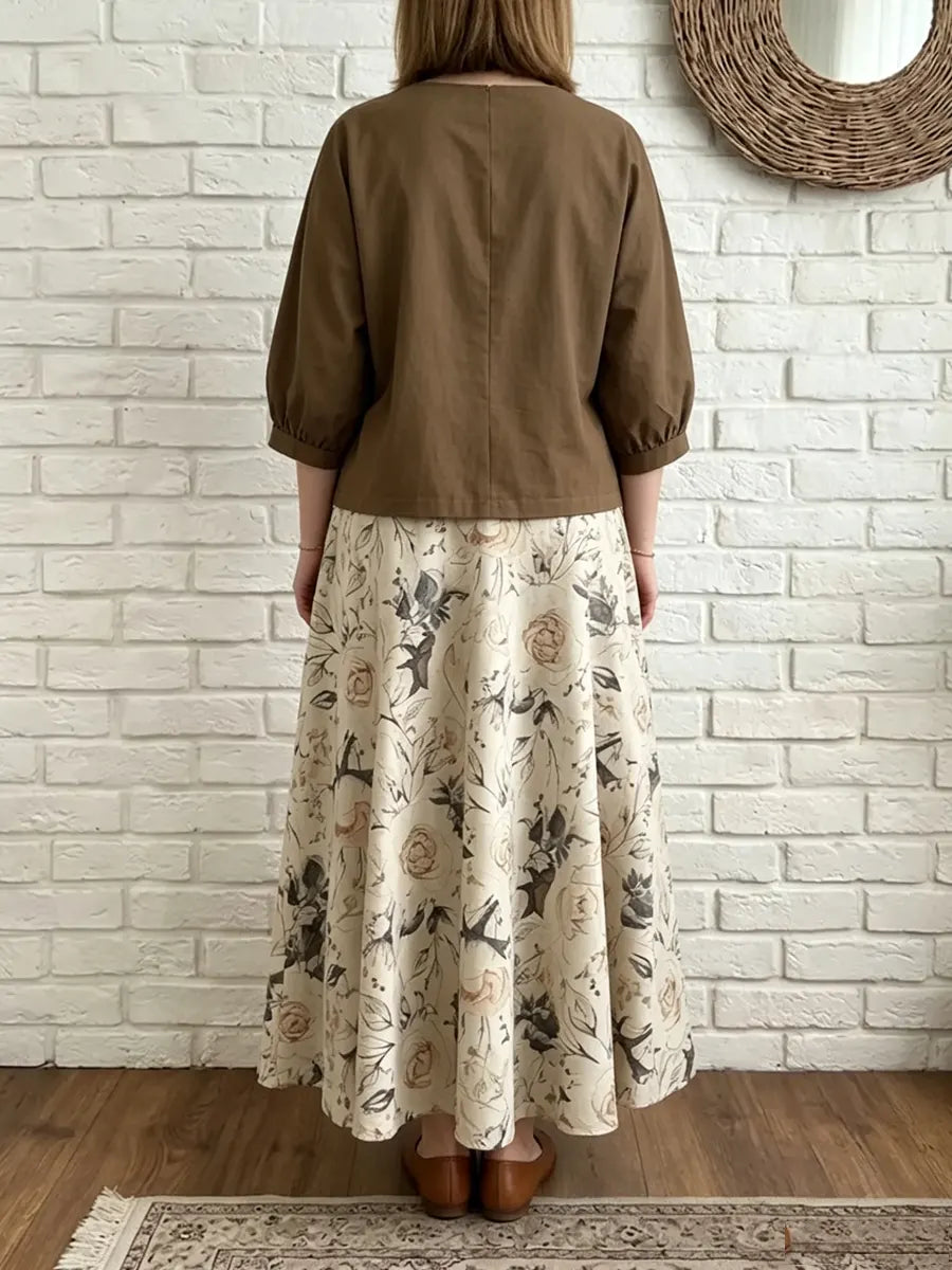 Women's Minimalist Lantern Sleeve Top And Floral Skirt Set