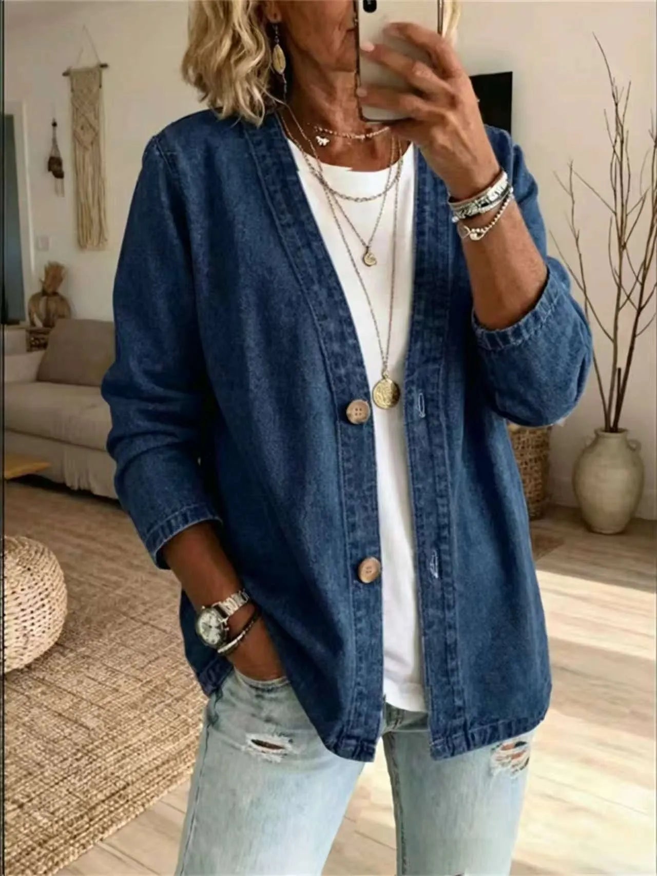 V-Neck Denim Cardigan Jacket