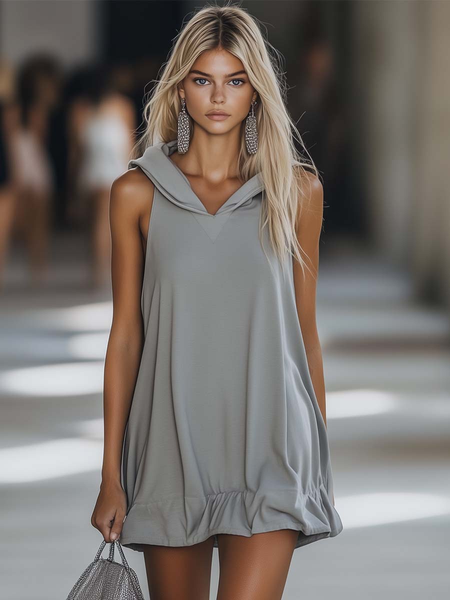 [24-hour shipping out]Casual Fashion Loose Grey Sleeveless Hoodie Style Mini Dress
