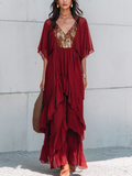 Elegant Burgundy Sequin Panel Ruffled Maxi Dress