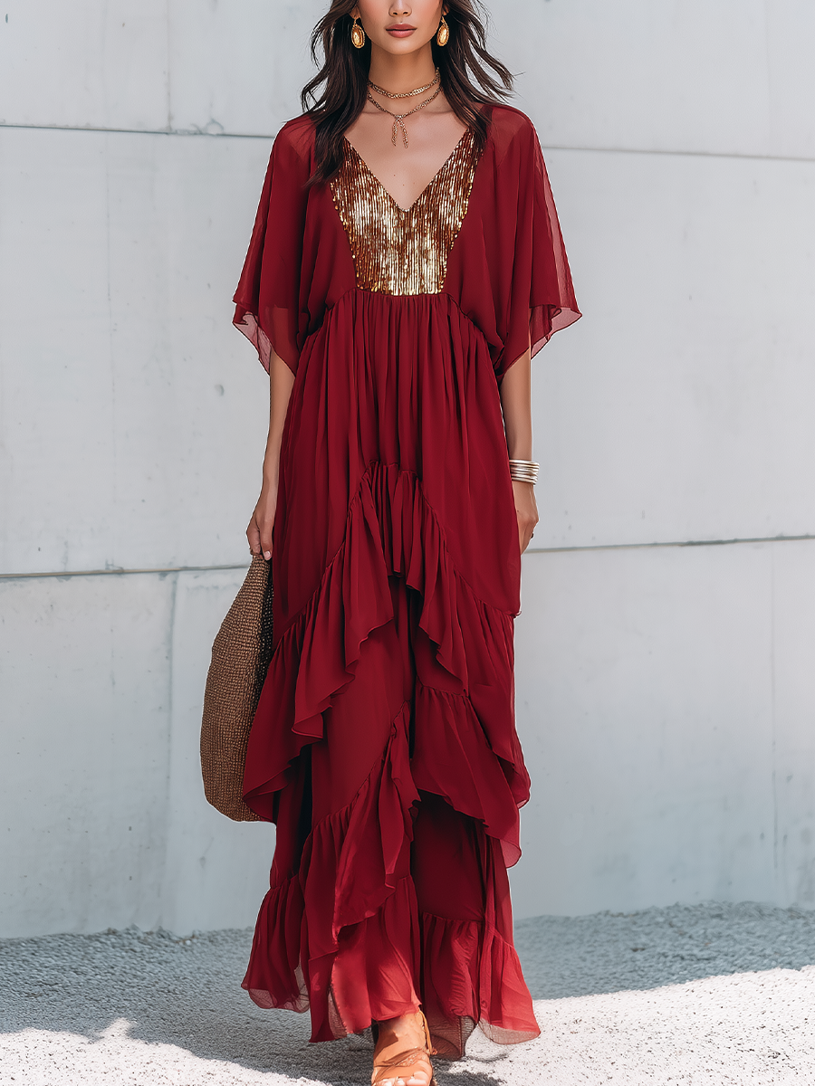 Elegant Burgundy Sequin Panel Ruffled Maxi Dress
