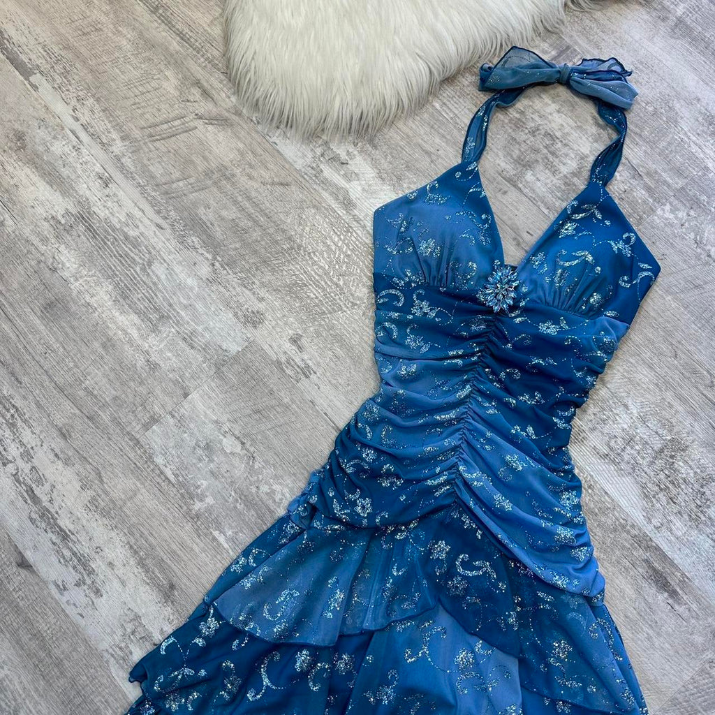 Dark blue homecoming dress Yk mini backless dress with sparkling floral rhinestone ruffles short chiffon ball gown evening gown party dress
