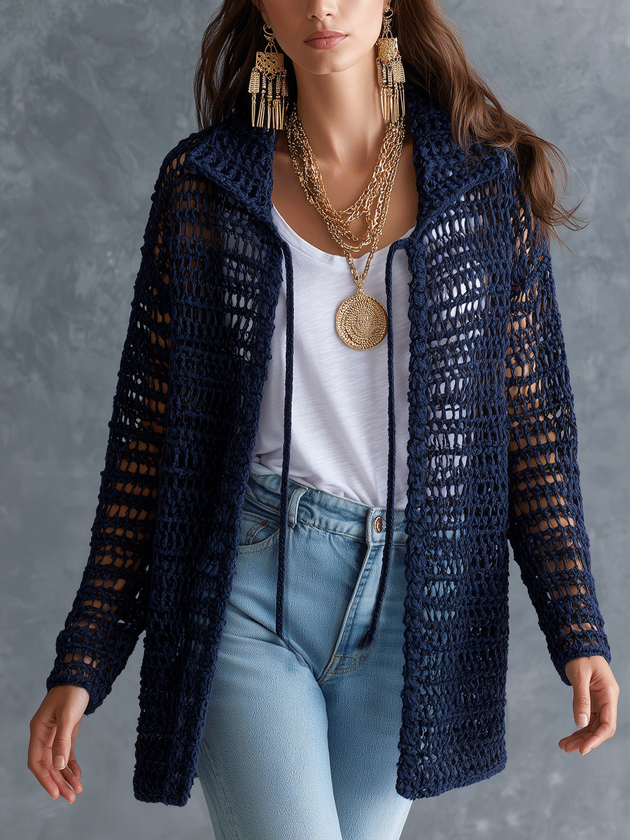 Coastal Boho Open-Knit Long-Sleeve Hollow-Out Dark Blue Duster Cardigan