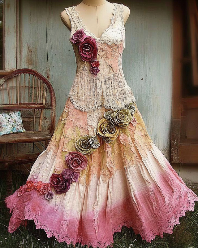 Summer Floral Embroidered Lace Patchwork Comfortable Linen Dress 4cb2