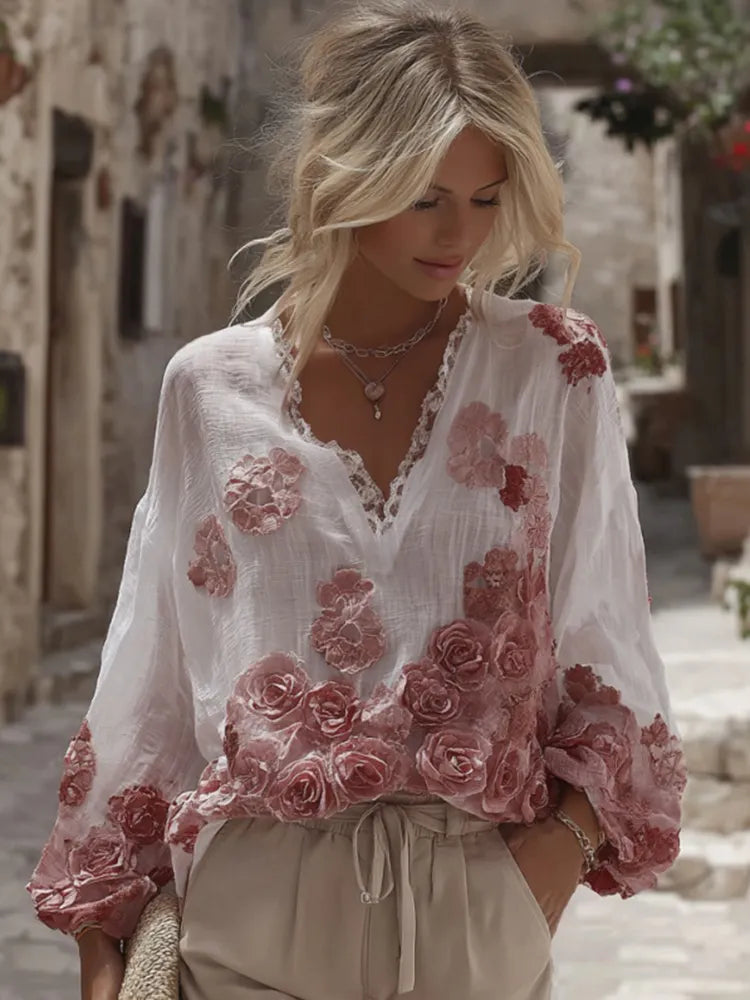 Women's Rose Floral Embroidery Linen V-neck T-shirt