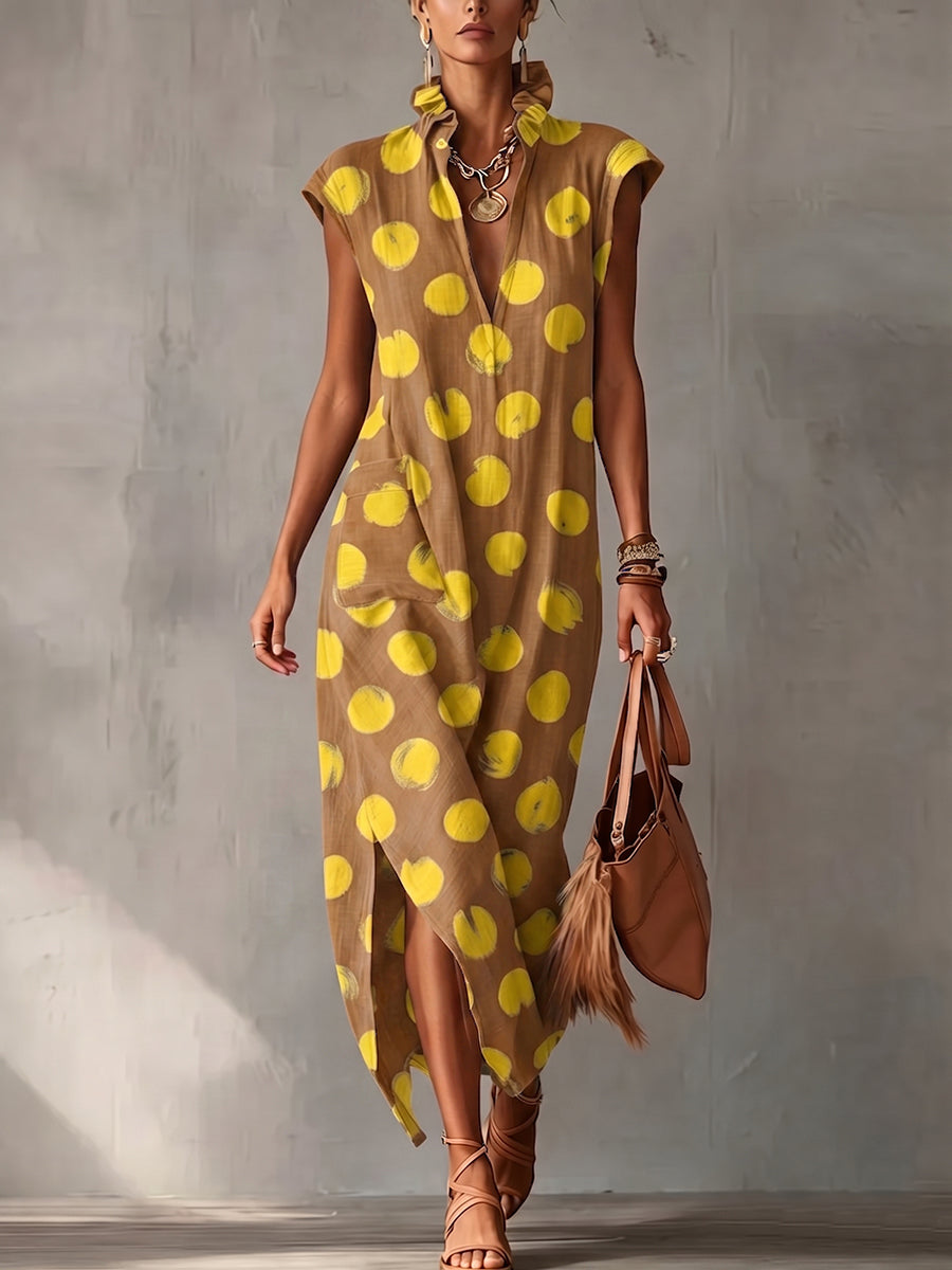 Artistic Brushstroke Polka Dot Cotton-linen Dress