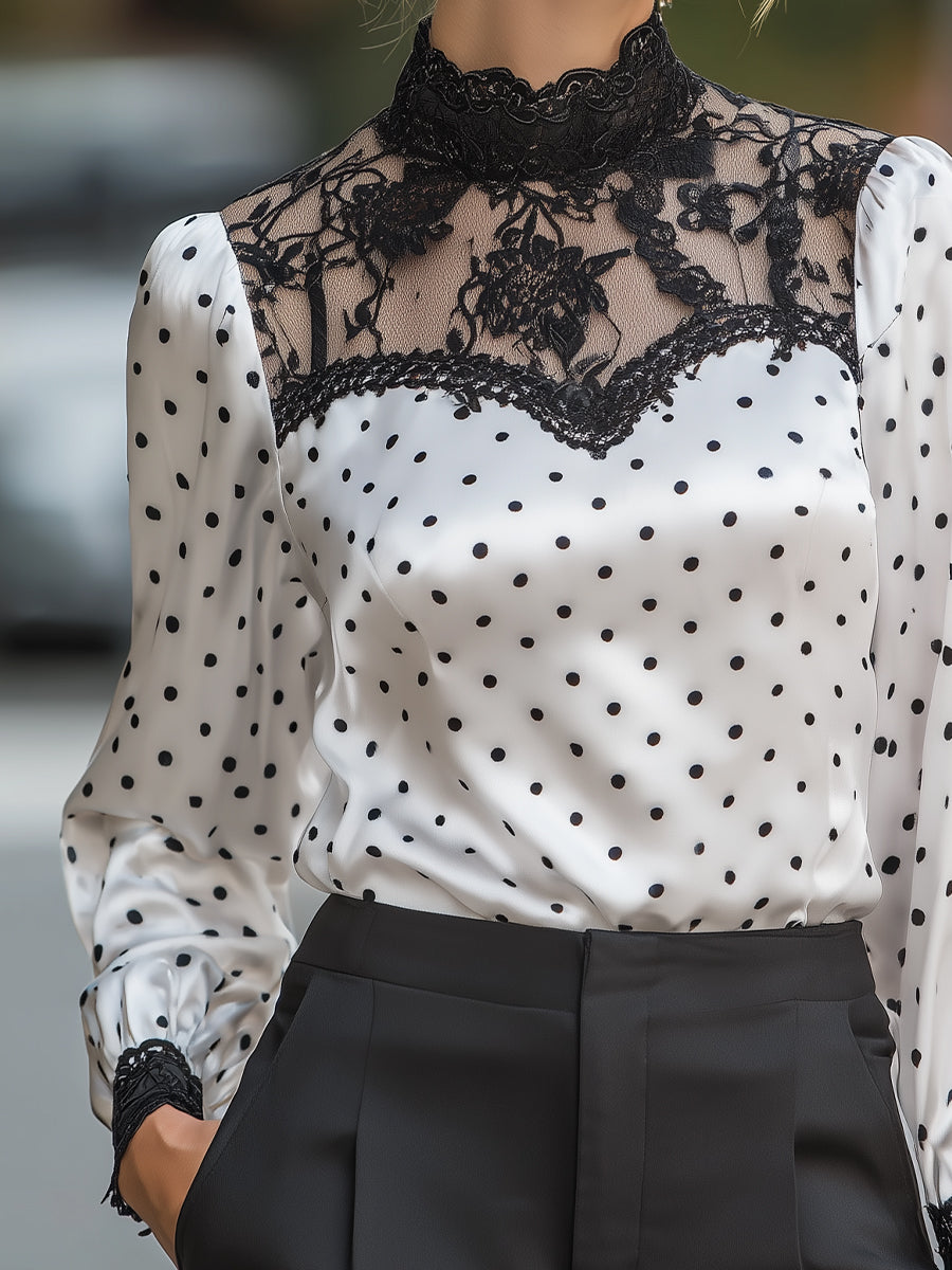 Polka-Dot Satin Lace-Yoke Long-Sleeve Blouse