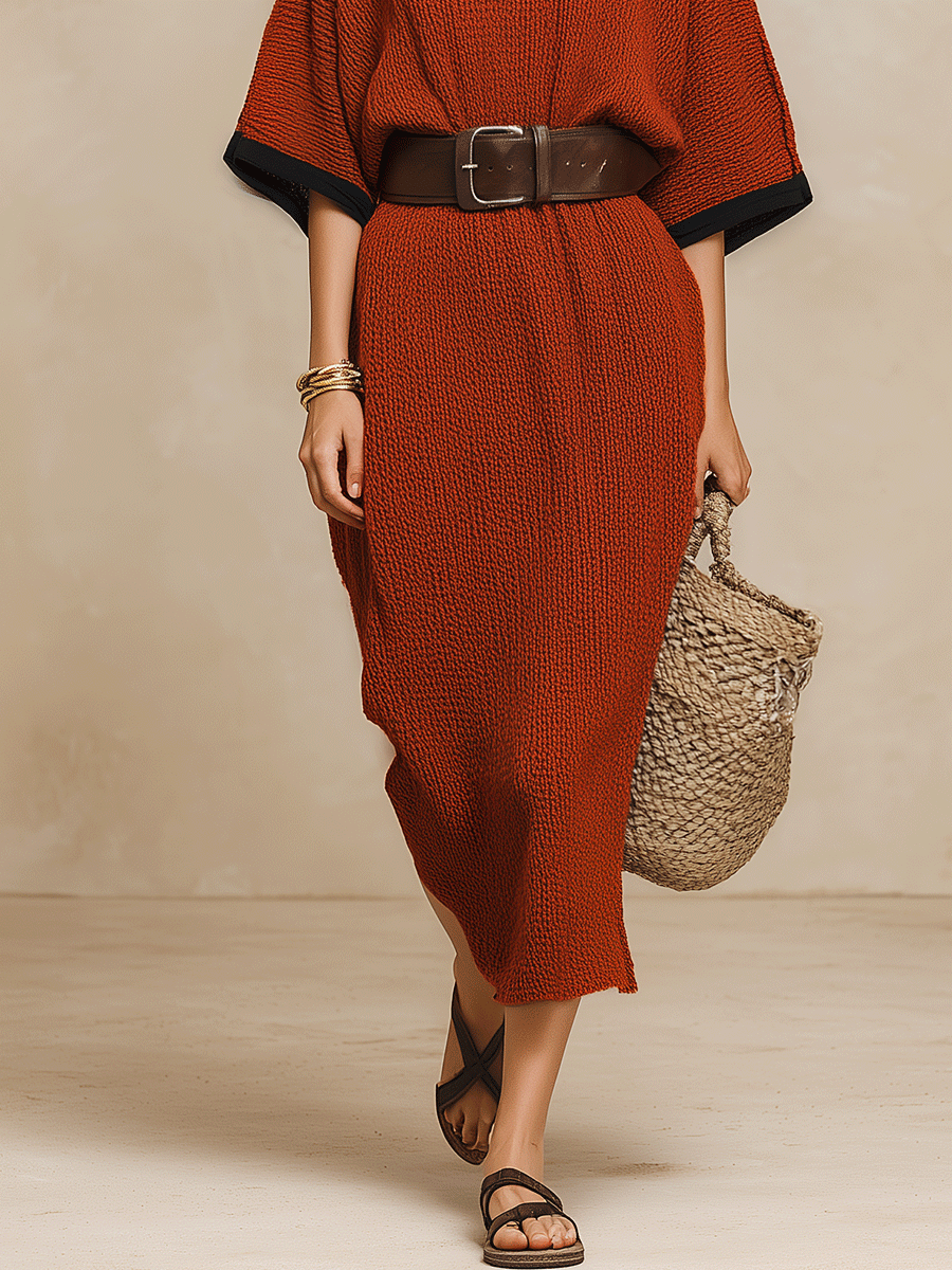 Minimalist Autumn Sweater-Knit Round-Neck Cocoon Brick Red Maxi Dress