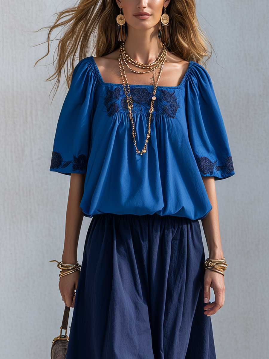 Bohemian Cotton Linen Blue Color-blocked Skirt Suit