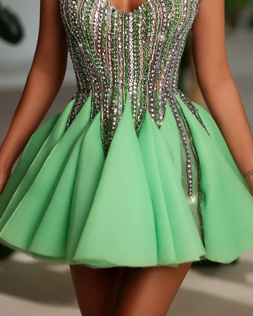 Green Crystal Rhinestone Sequin Mini Dress