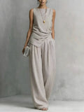 Women's Casual Simple Sleeveless Striped Cotton Linen Set