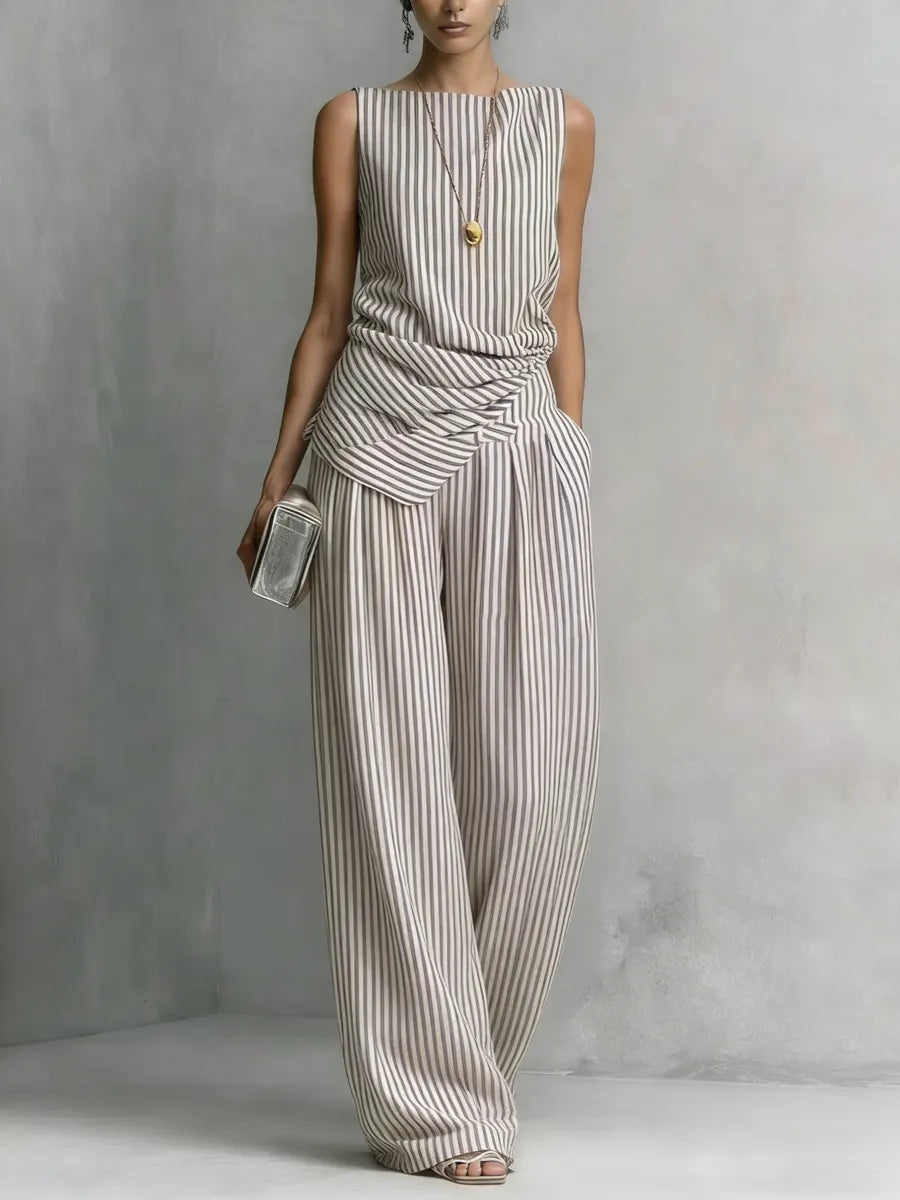 Women's Casual Simple Sleeveless Striped Cotton Linen Set