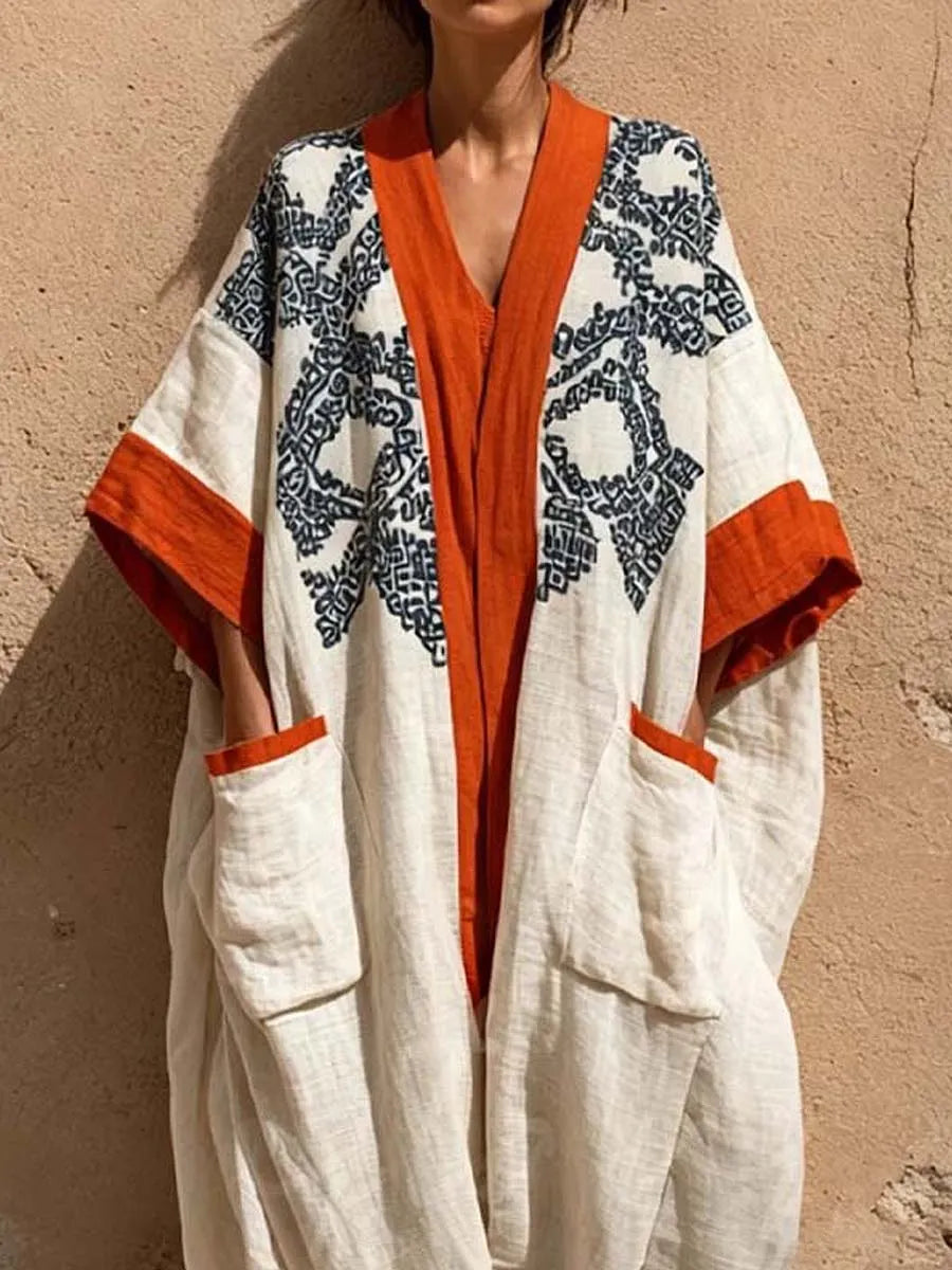 Women's Vintage Art Print V-neck Long Sleeve Cotton Linen Jumpsuit