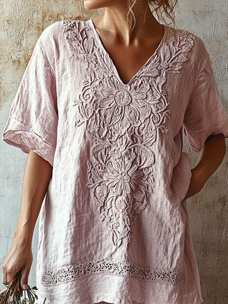 Vintage Floral Lace Art Comfy V Neck T Shirt 987f
