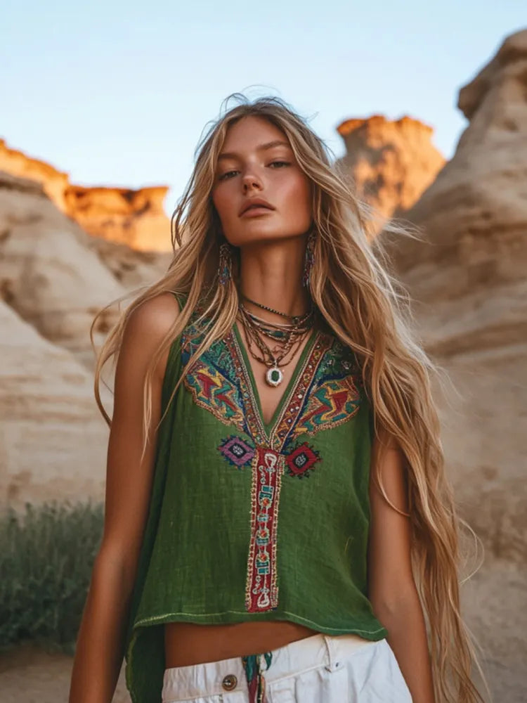 Women's Bohemia Floral Ethnic Style Linen V-neek Sleeveless Top