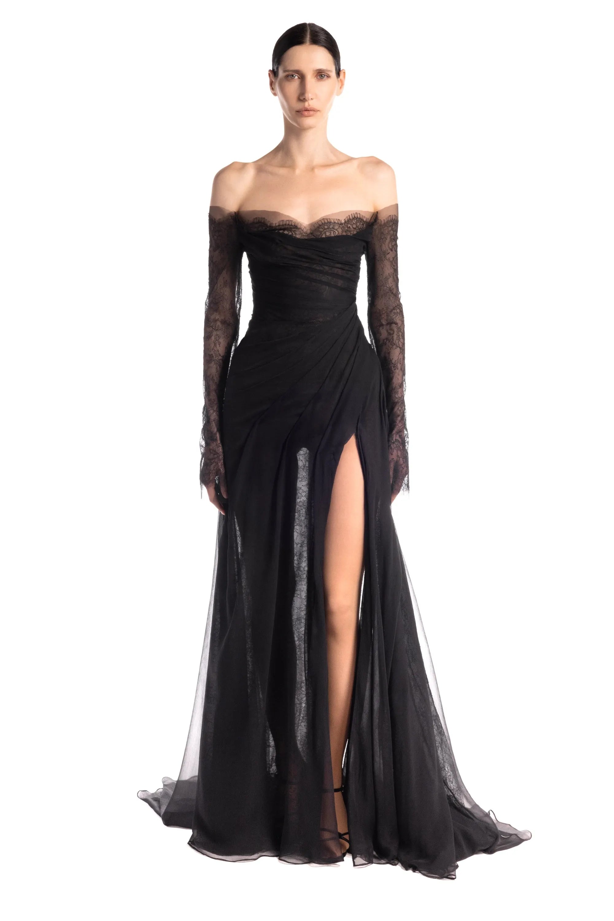 LOOK 1 Off-Shoulder Charcoal Black Chantilly Lace and Chiffon Dress