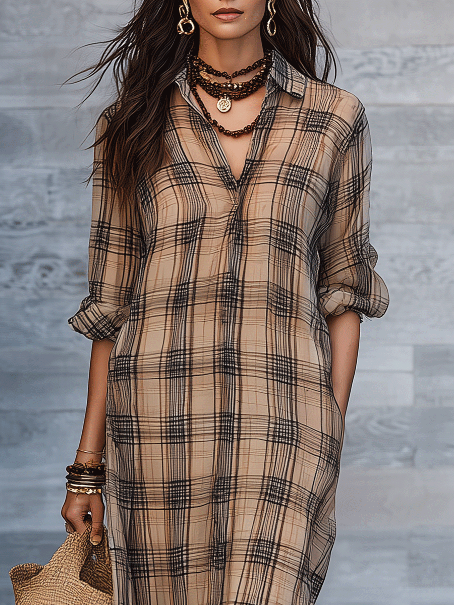 Elegant Vacation Vintage Plaid Button-Front Relaxed-Fit Maxi Dress