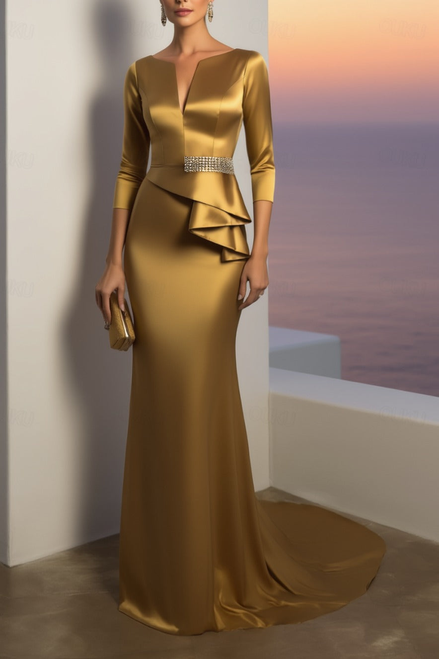Formal Evening Dress Gold V Neck Maxi Satin Dress