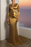 Formal Evening Dress Gold V Neck Maxi Satin Dress