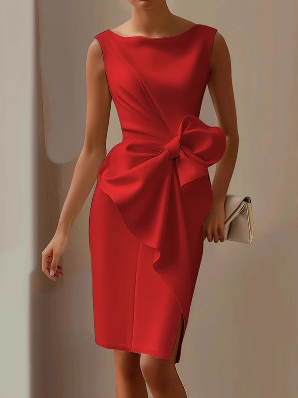 Solid Color Ruffled Bowknot Asymmeyric Sleeveless Elegant Urban Midi Dresses