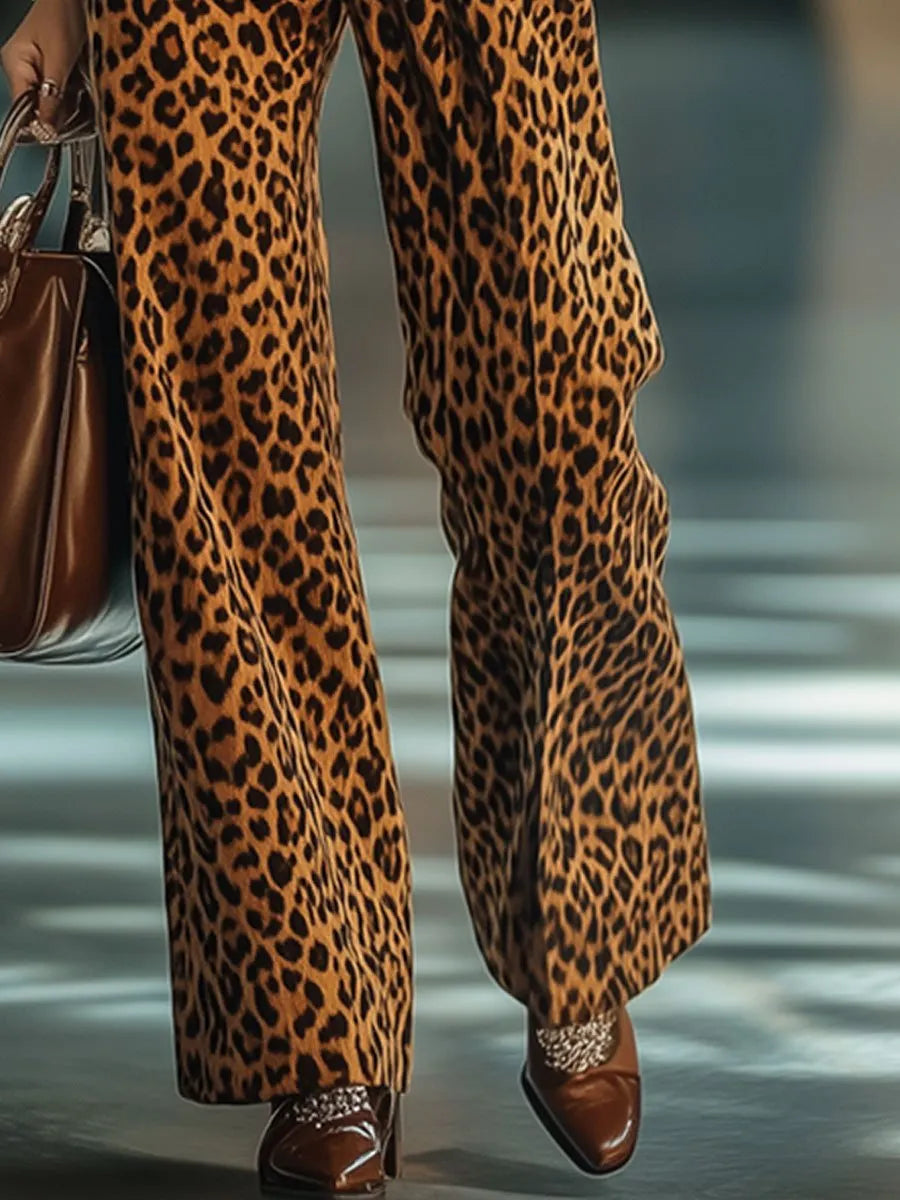 [24-hour shipping out]Casual Loose Vintage Velvet Leopard Print Pocket Elastic Waist Pants