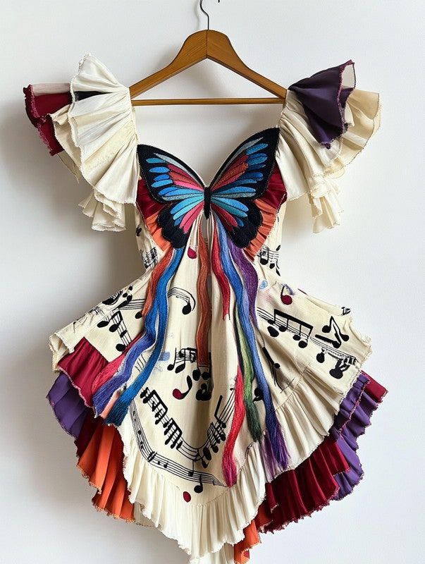Retro Elegant Music Theme Irregular Stitching Dress f256